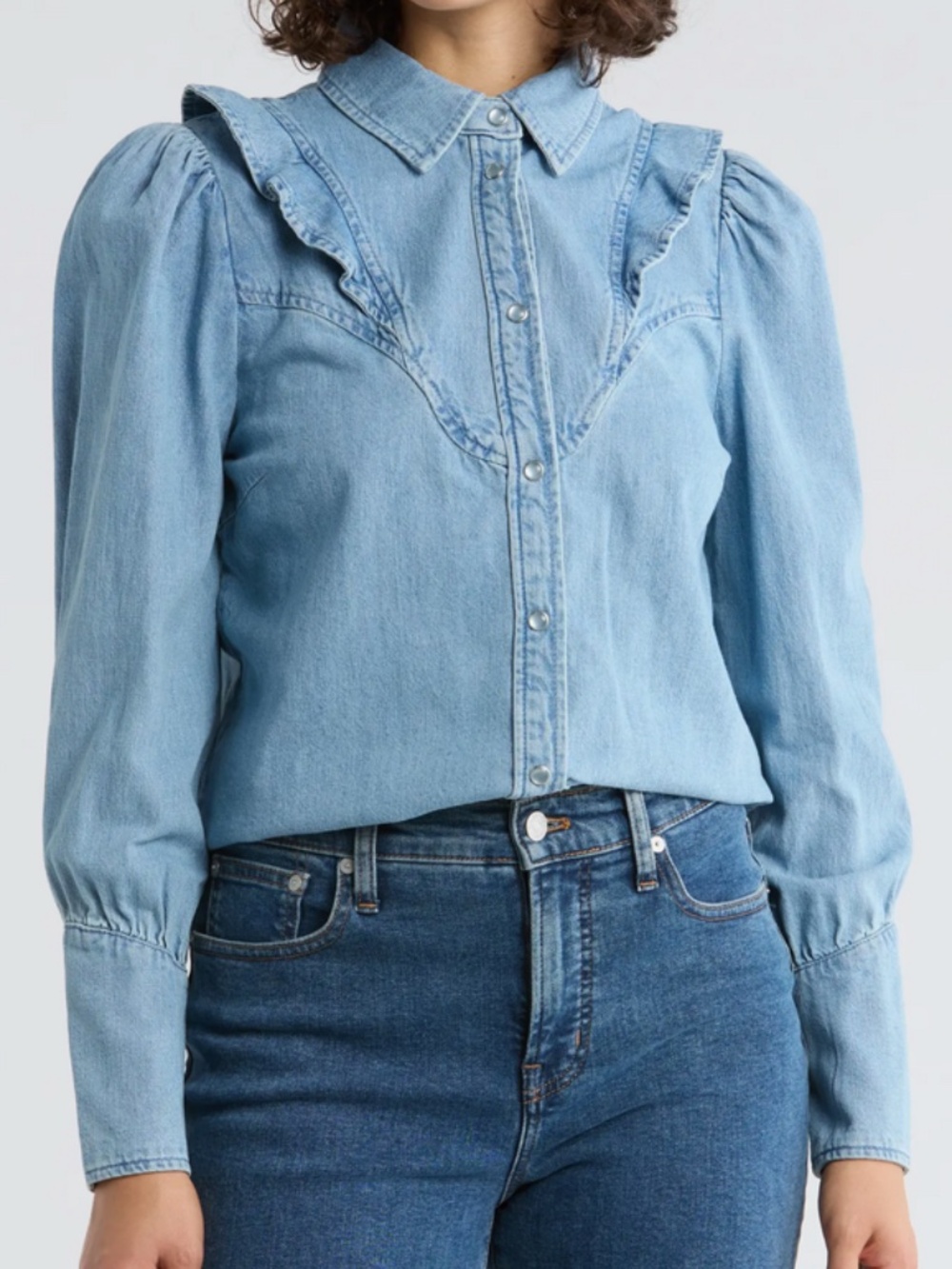 Western Cuteness - Democracy Light Indigo Ruffled Puff Sleeve Denim Blouse